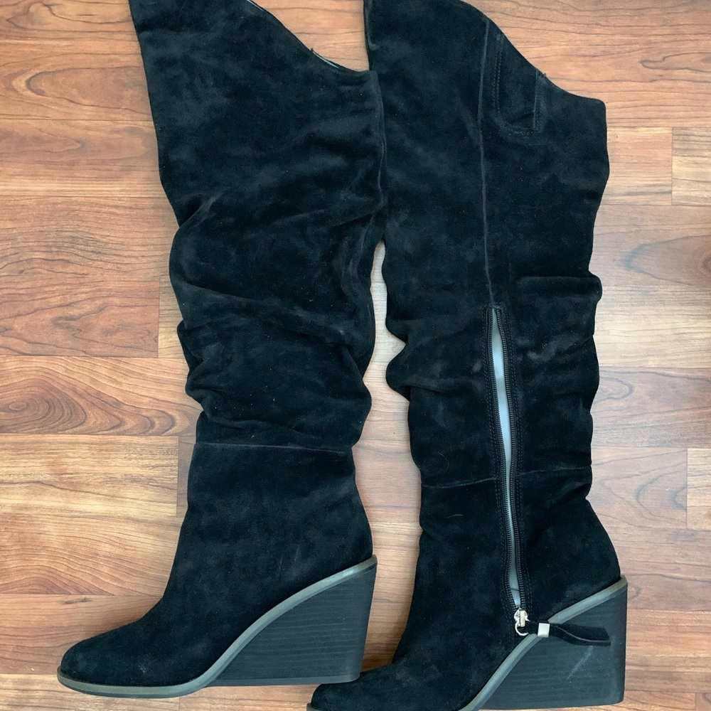 Black suede - over the knee boots.  Never worn - didn’t fit my big calf!